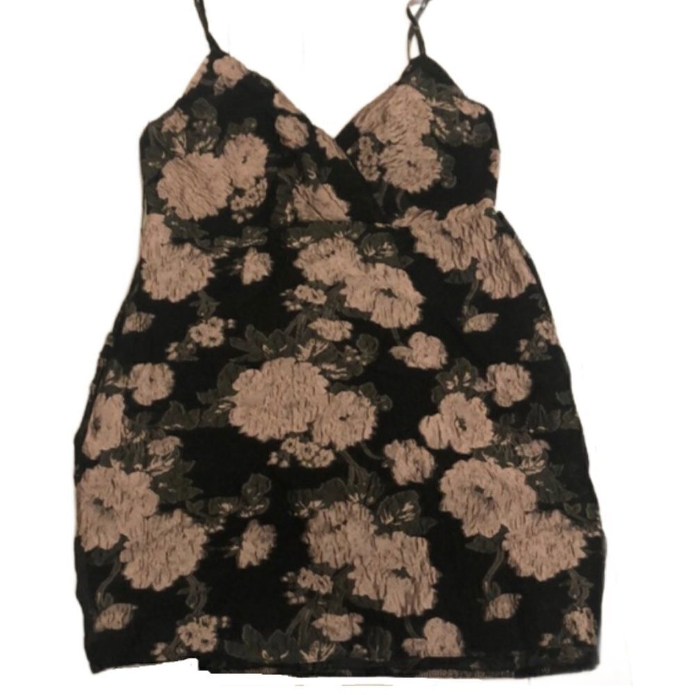 Lulu's Black Mini Dress with Pink Flowers and Tie back